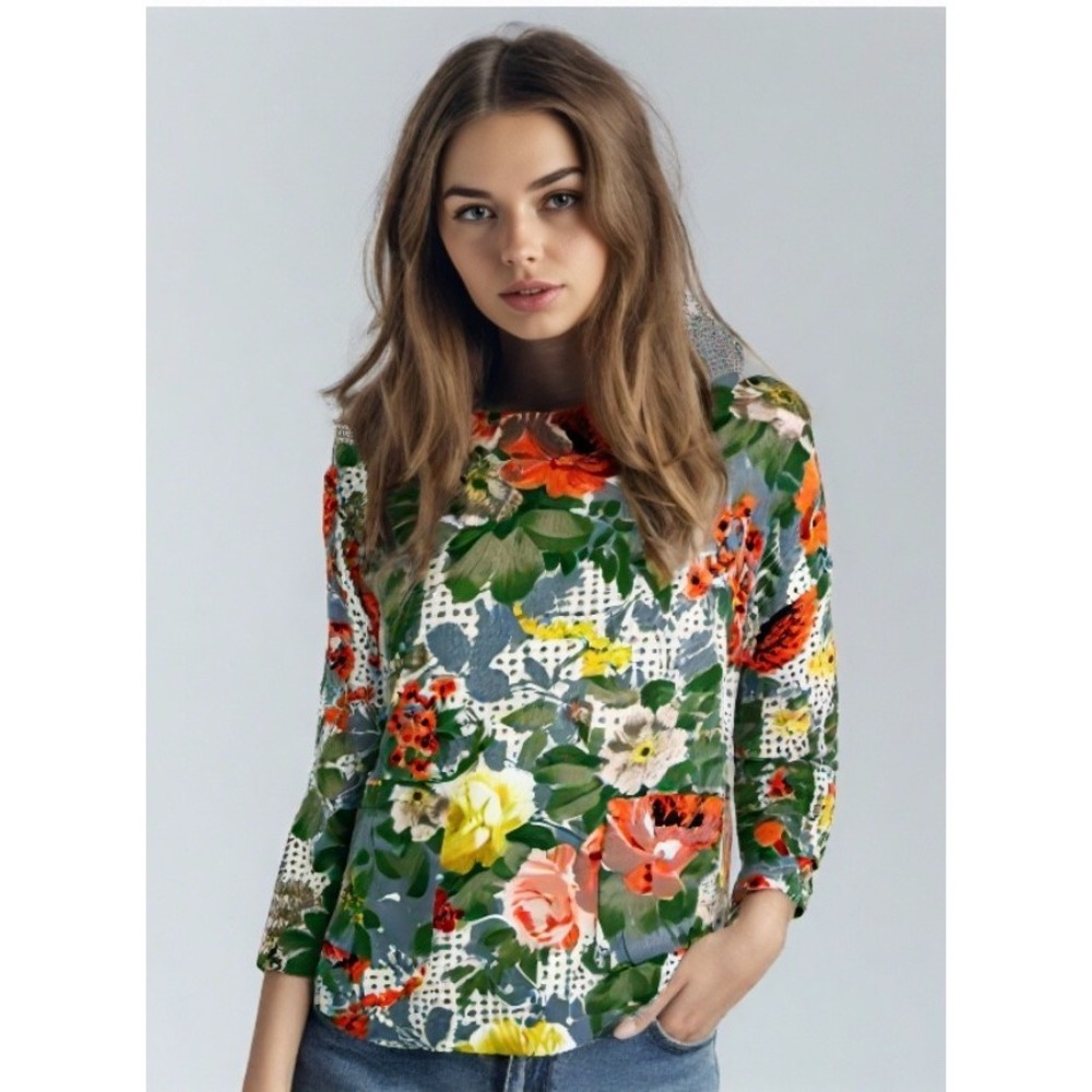 Anthropologie HD in Paris Floral Top Pocket Back Zip 3/4 Sleeve Size Small EUC